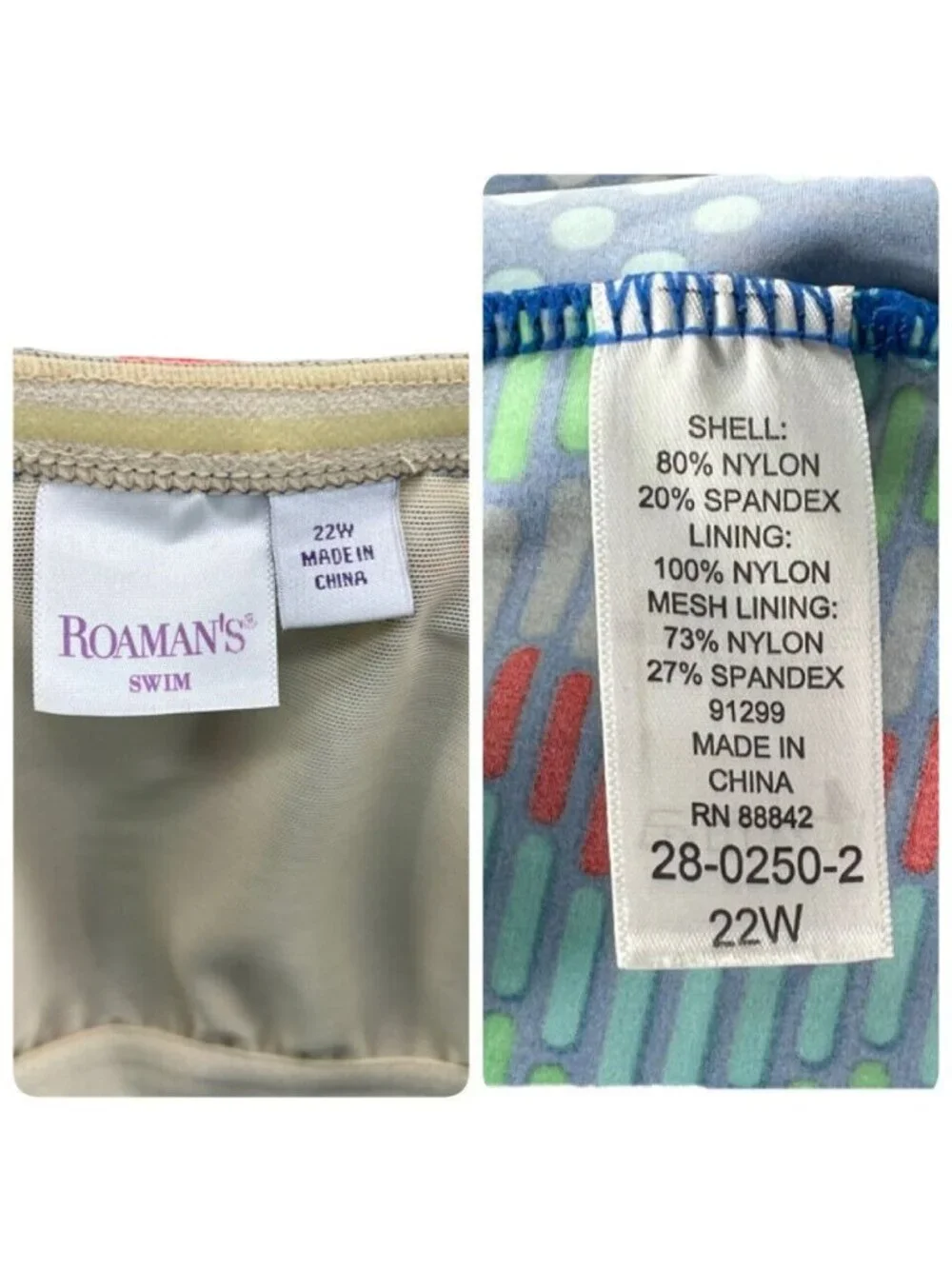 Romans Swim Suit Size 22 W Tankini Top and Skirt Blue Multi Color Ikat Soft Bra